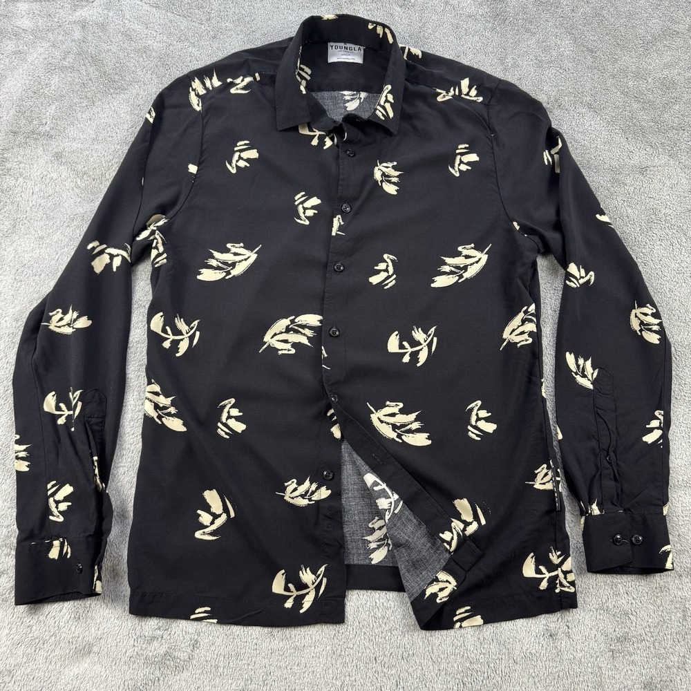 YoungLA Men's Viscose Button Up Long Sleeve Black Medium Leaf Print Night Life